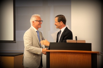 Philip Stieg, M.D., Ph.D. and Lewis Cantley , Ph.D., at the NYC regional Cancer Moonshot Summit at Weill Cornell Medicine