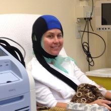 Cold comfort: Carolyn Dempsey wore the DigniCap during chemotherapy. Photo provided by Carolyn Dempsey